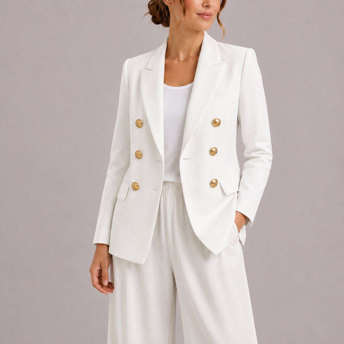 Erin Womens Double-Breasted Blazer with Gold-Tone Buttons in White