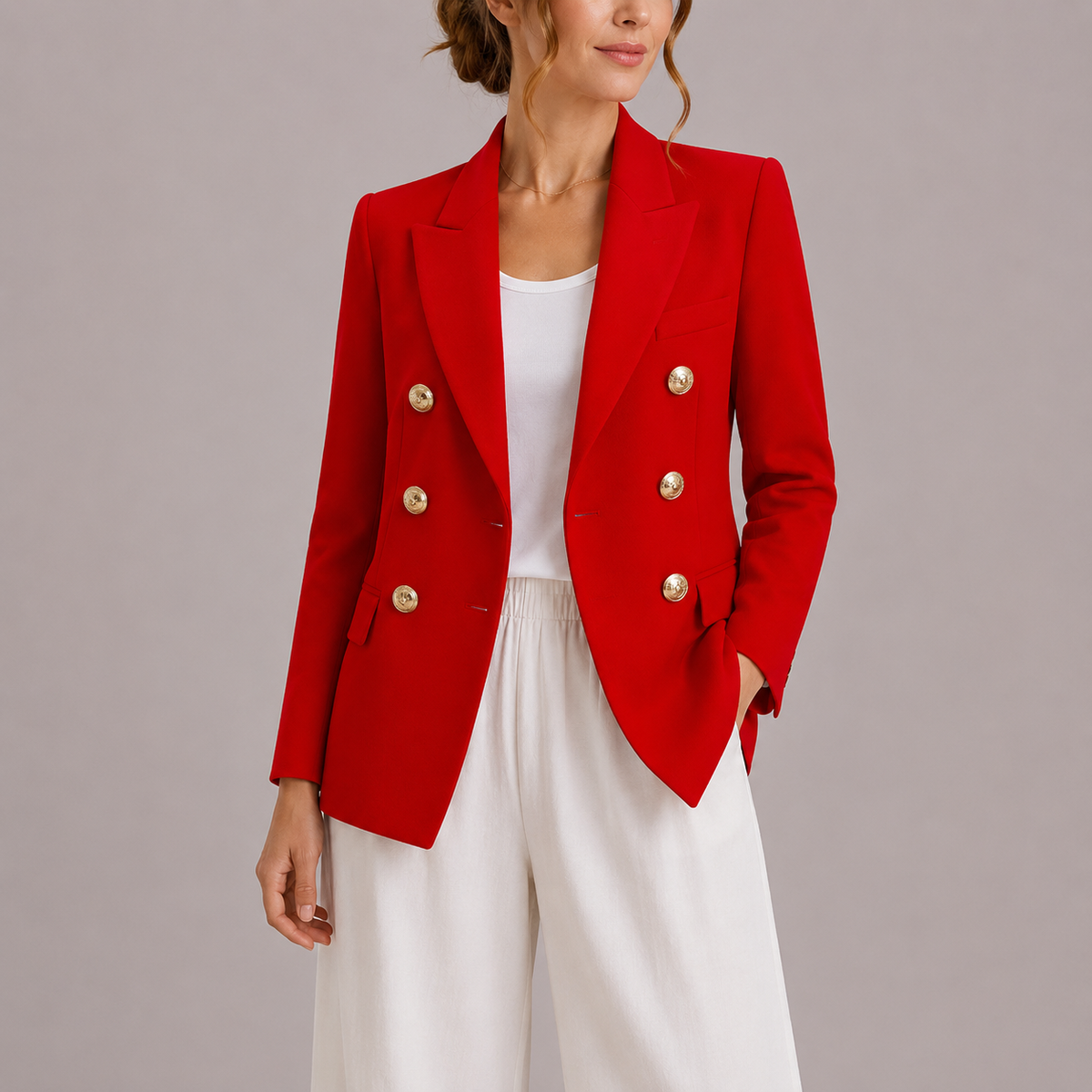 Erin Womens Double-Breasted Blazer with Gold-Tone Buttons in Red