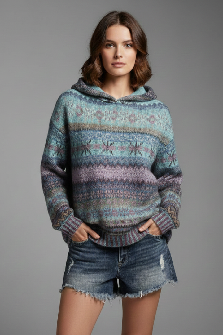 Dakota Womens Patterned Hoodie with Ribbed Cuffs in Blue