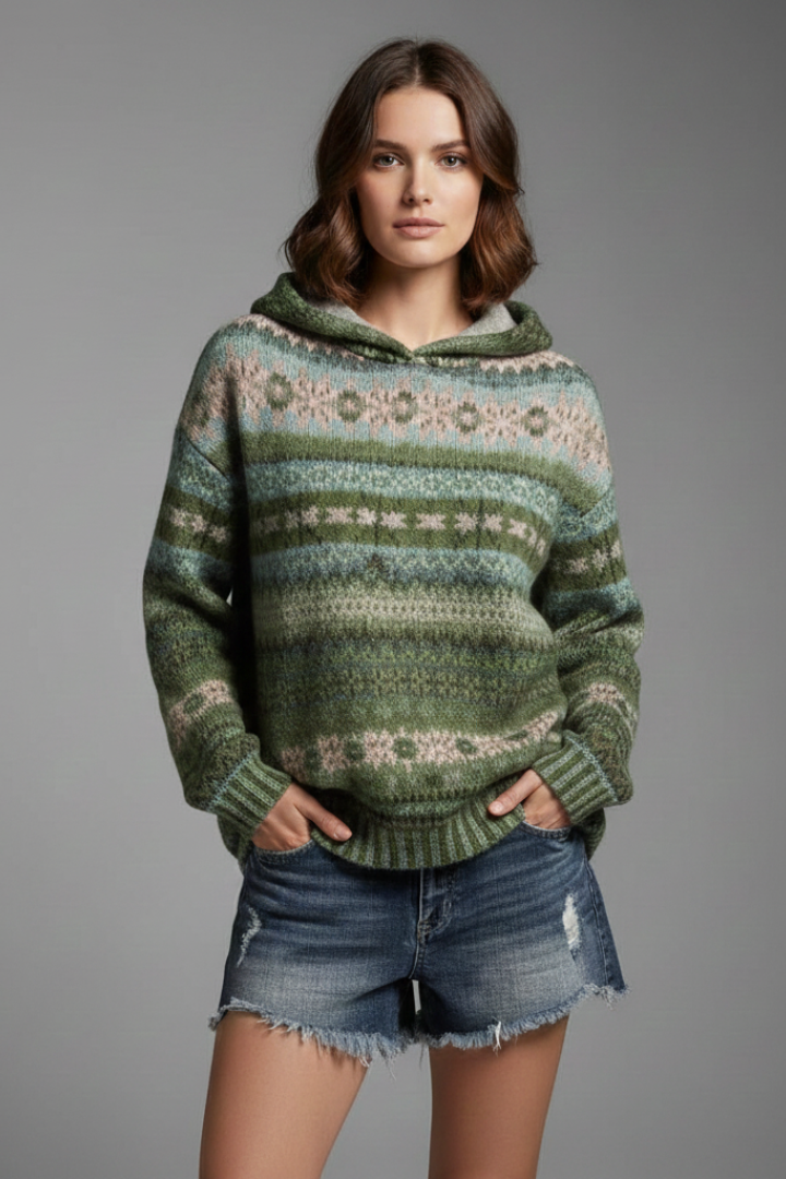 Dakota Womens Patterned Hoodie with Ribbed Cuffs in Green