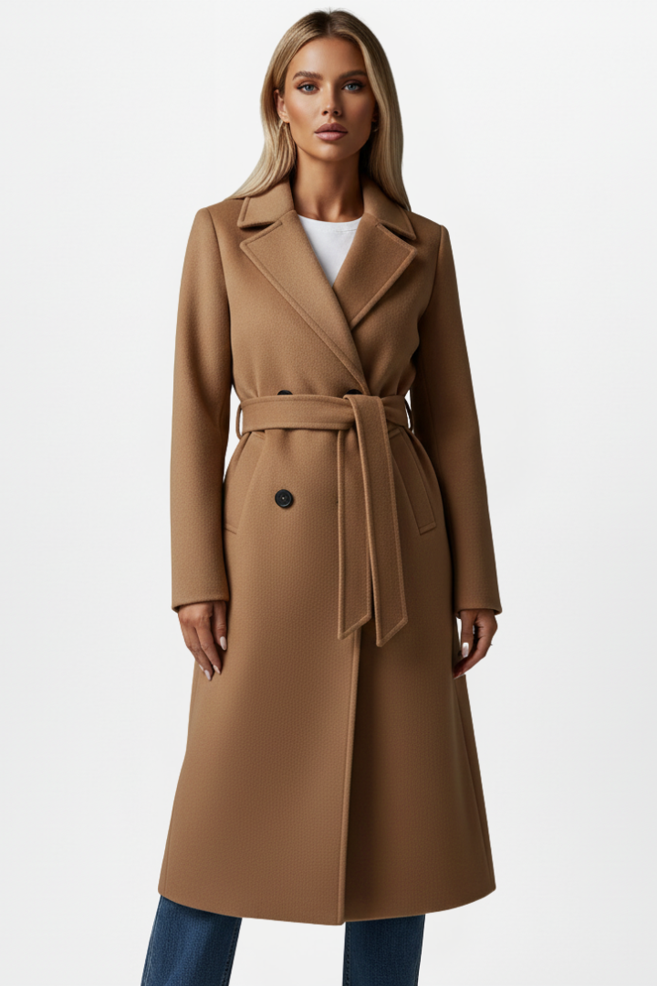 Joanna Womens Long Belted Coat with Double-Breasted Front in Camel