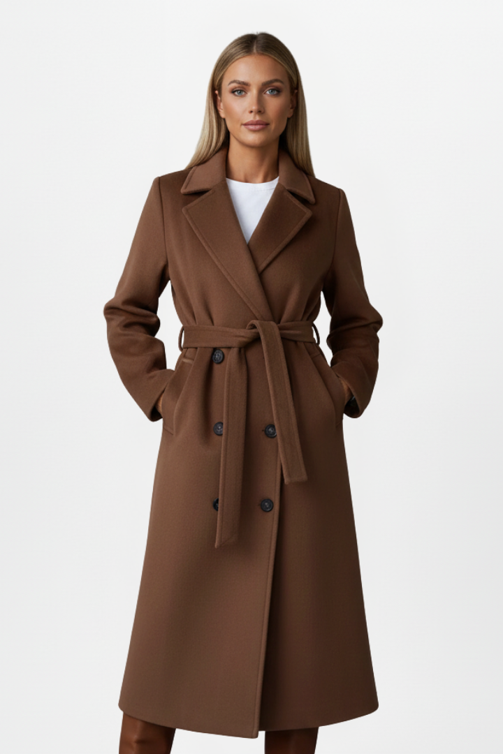 Joanna Womens Long Belted Coat with Double-Breasted Front in Brown