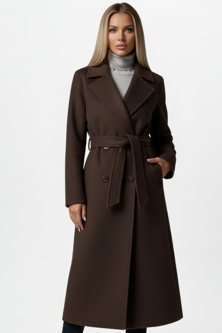 Joanna Womens Long Belted Coat with Double-Breasted Front in Chocolate Brown