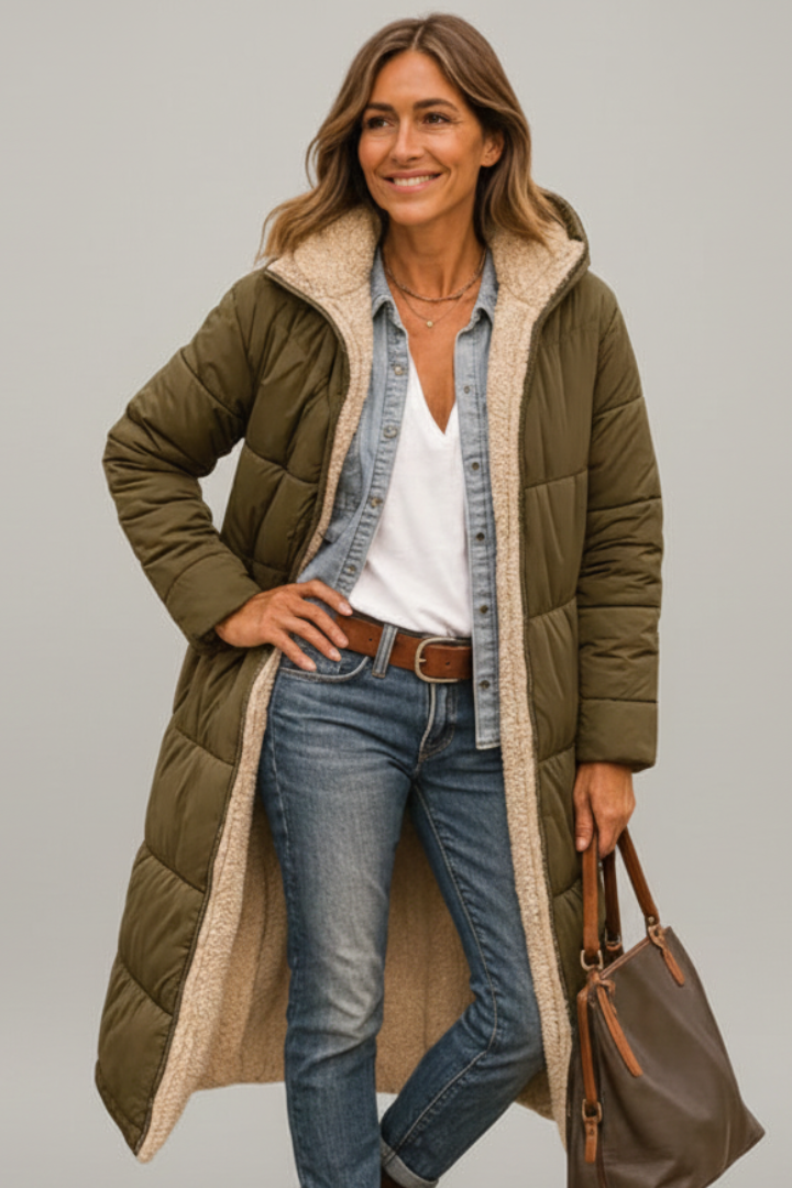 Allison Womens Long Quilted Coat with Hood in Army Green