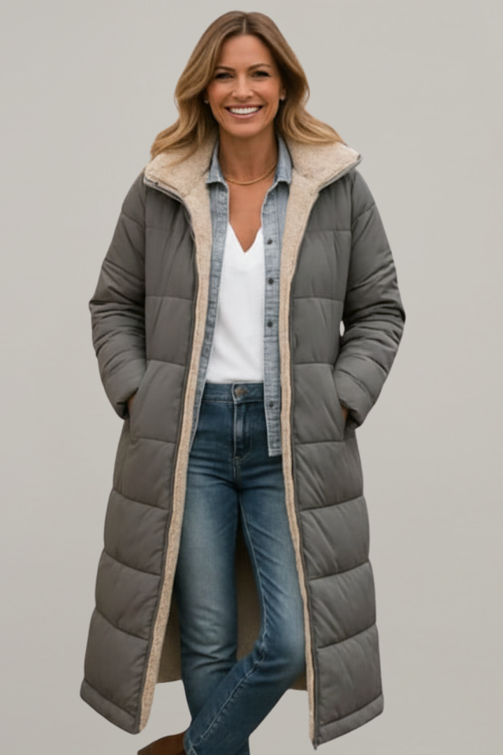 Allison Womens Long Quilted Coat with Hood in Gray