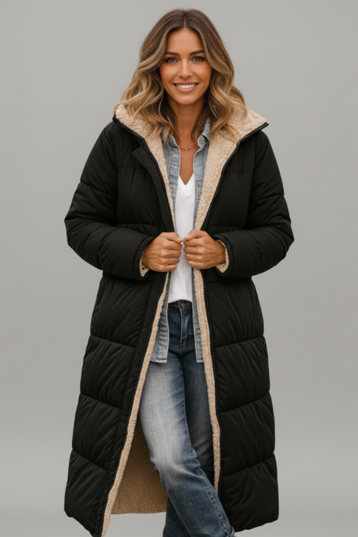 Allison Womens Long Quilted Coat with Hood in Black