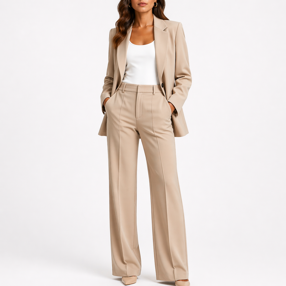 Tasha Womens Two-Piece Blazer and Pants Set in Beige