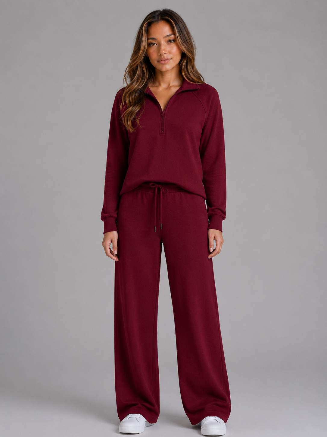 Caroline Womens Half Zip Lounge Set, Two Piece in Burgundy