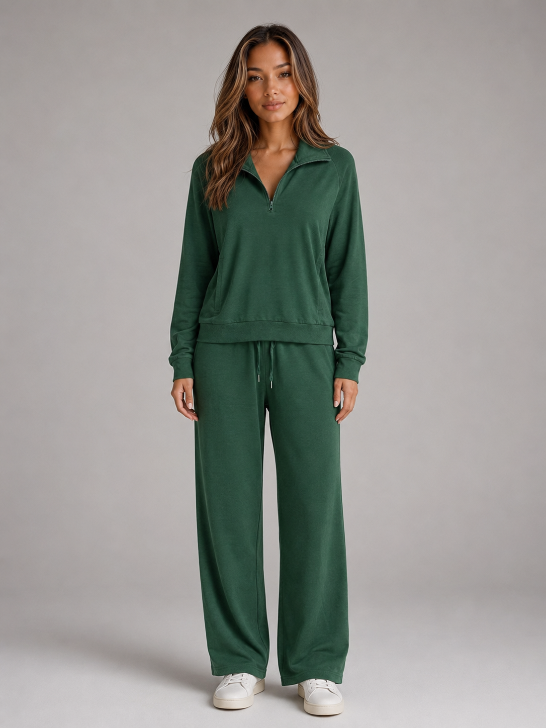 Caroline Womens Half Zip Lounge Set, Two Piece in Dark Green