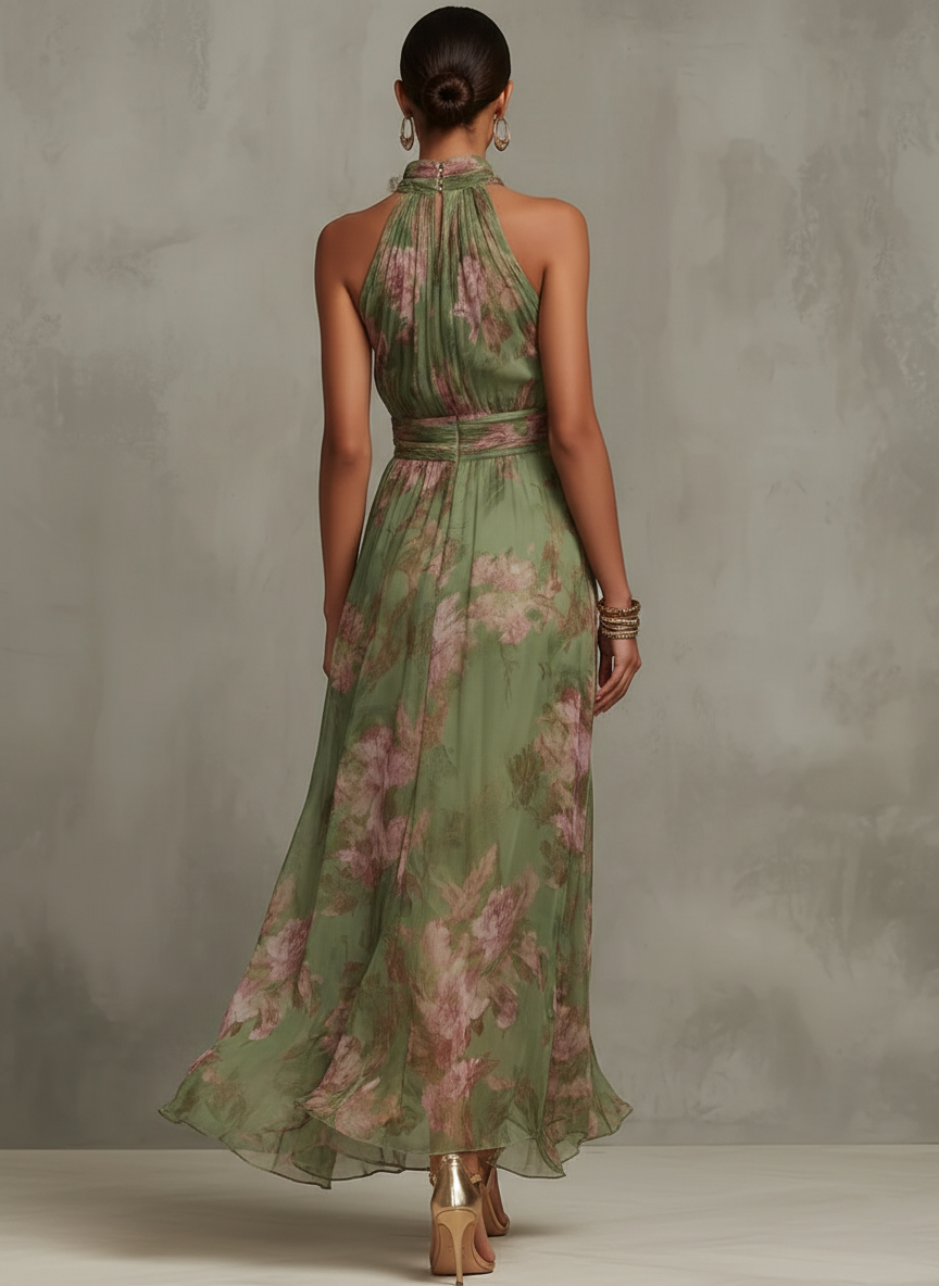Arabelle™ | Long green floral chiffon dress with American neckline