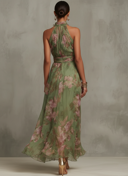 Arabelle™ | Long green floral chiffon dress with American neckline