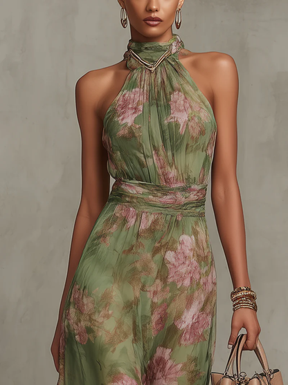 Florence™ | Green Floral Chiffon Halter Maxi Dress