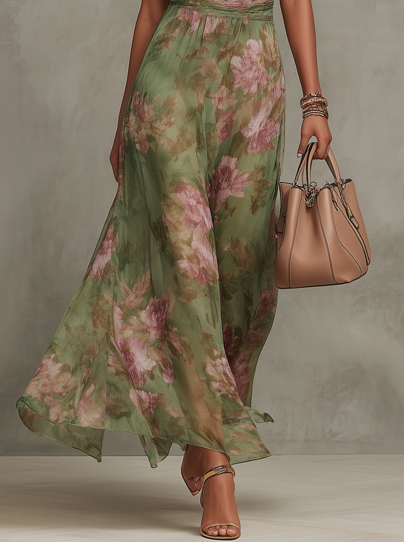 Arabelle™ | Long green floral chiffon dress with American neckline