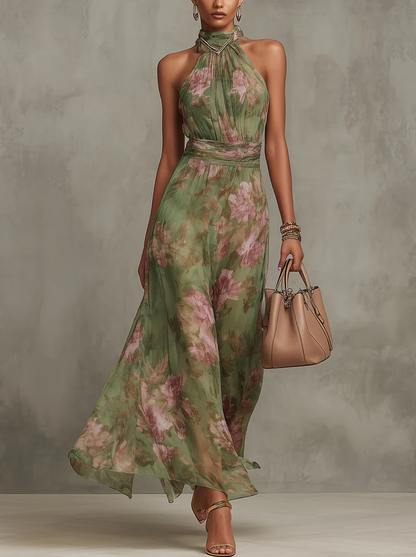 Florence™ | Green Floral Chiffon Halter Maxi Dress