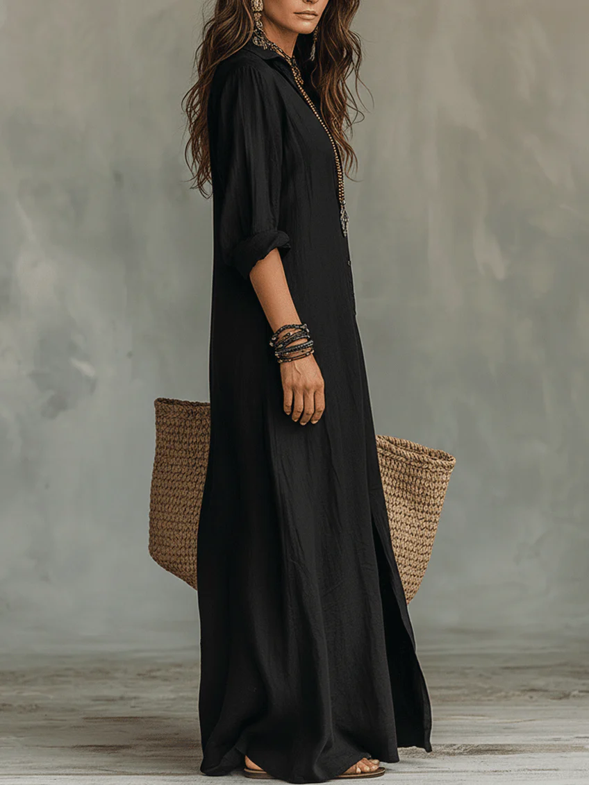 Krissy™ | Black Maxi Dress with Buttons