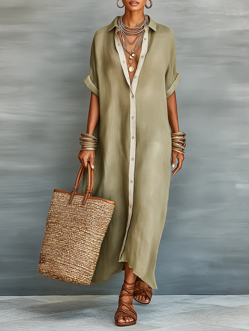 Yesha™ | Olive Green Maxi Dress with Minimalist Line