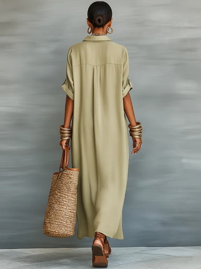 Yesha™ | Olive Green Maxi Dress with Minimalist Line