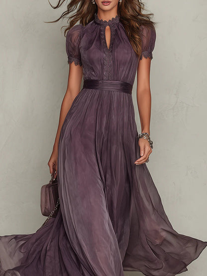 Havanna™ | Purple Dress with Drop Neckline and Chiffon Lace
