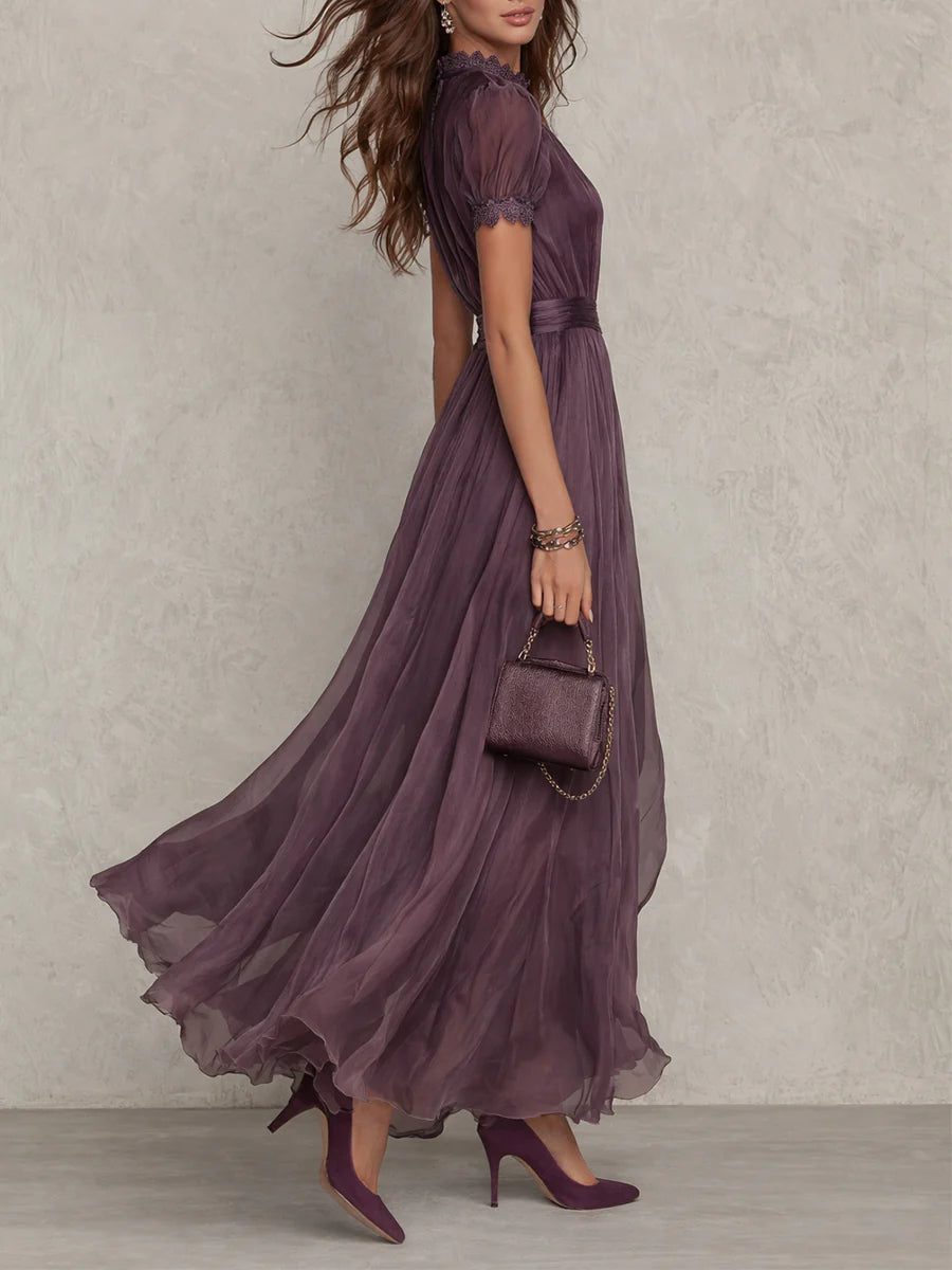 Havanna™ | Purple Dress with Drop Neckline and Chiffon Lace