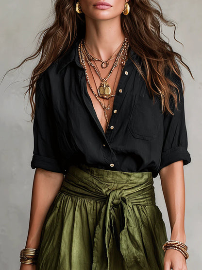 Amaiah™ | Two-Piece Set: Black T-Shirt and Olive Green Midi Skirt