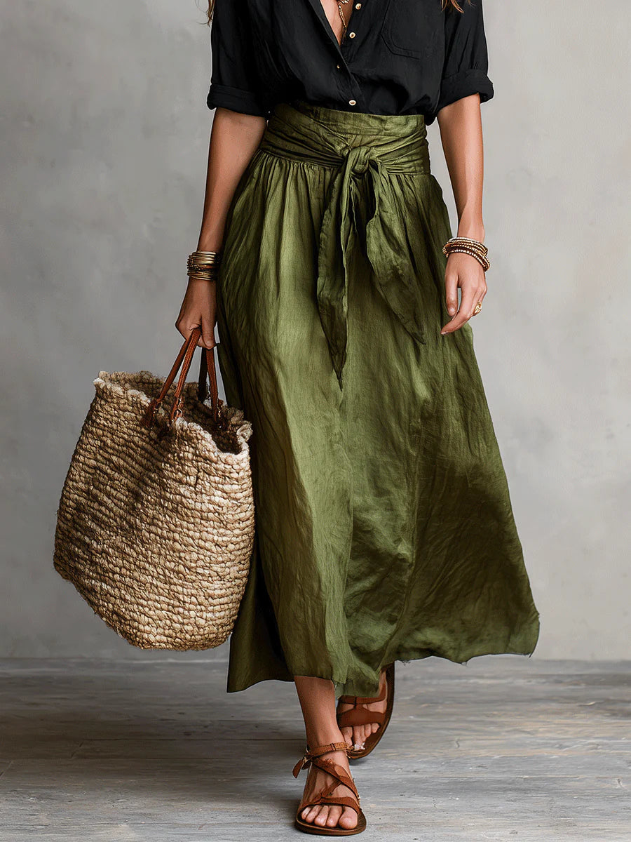 Amaiah™ | Two-Piece Set: Black T-Shirt and Olive Green Midi Skirt