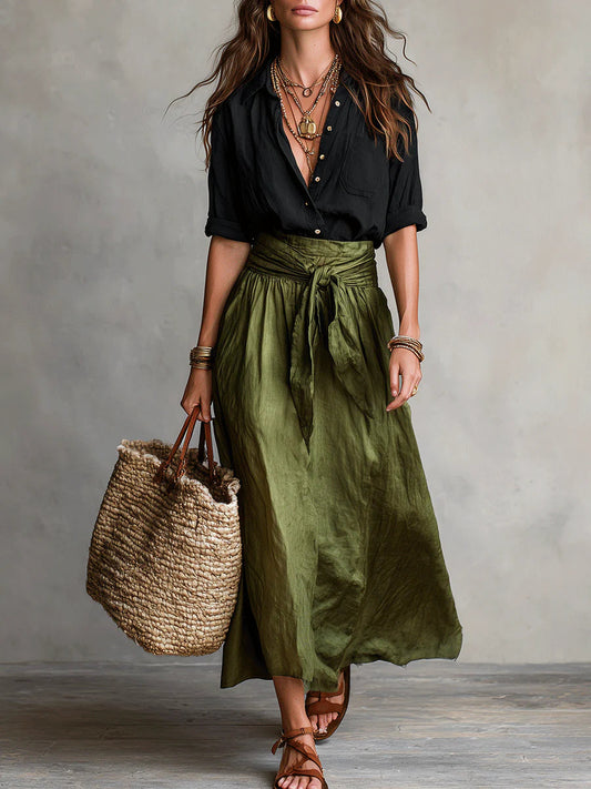 Amaiah™ | Two-Piece Set: Black T-Shirt and Olive Green Midi Skirt
