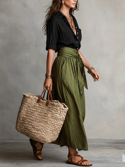 Amaiah™ | Two-Piece Set: Black T-Shirt and Olive Green Midi Skirt