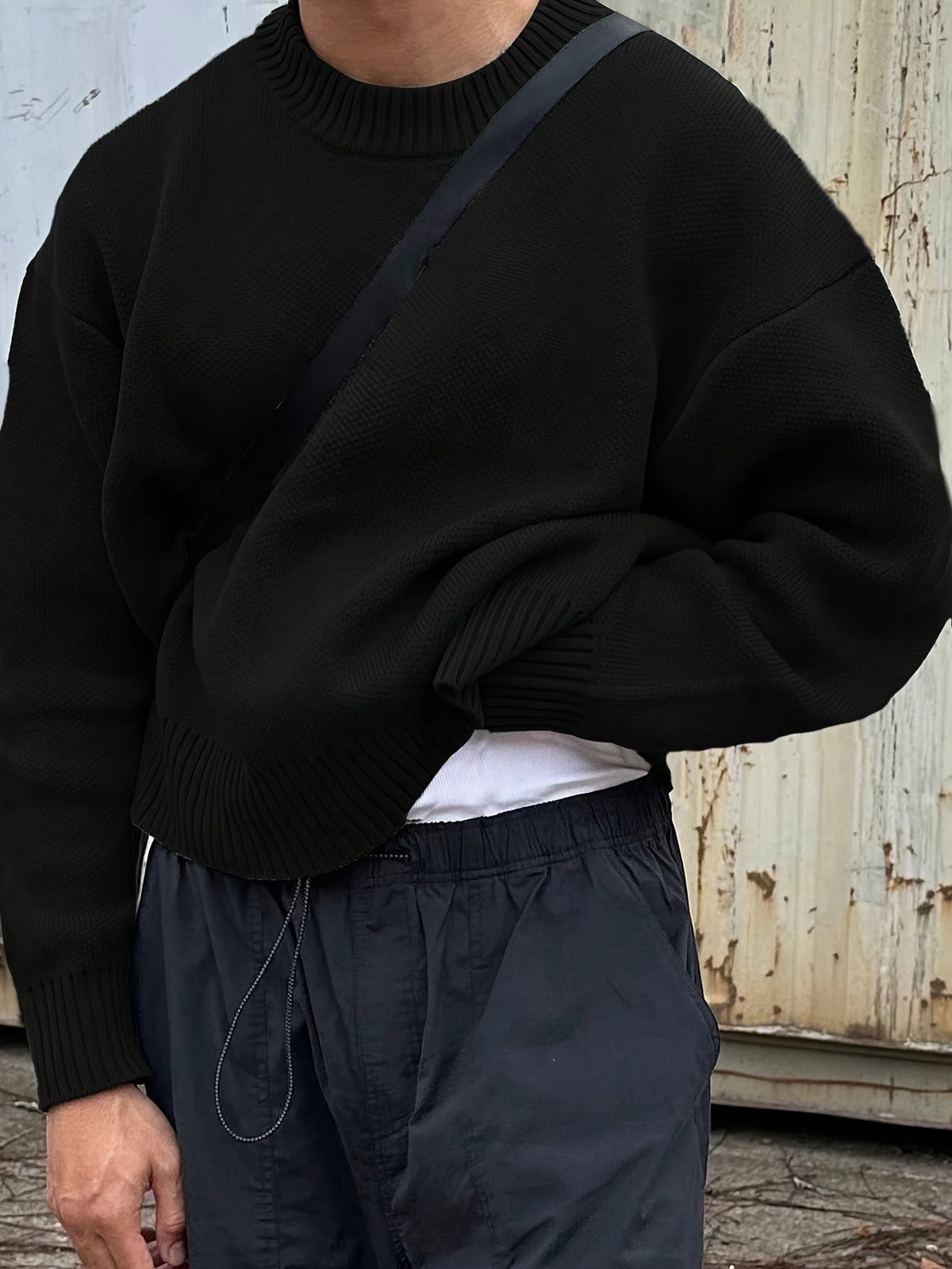 Kyle Mens Crew Neck Knit Sweater with Dropped Shoulders in Black