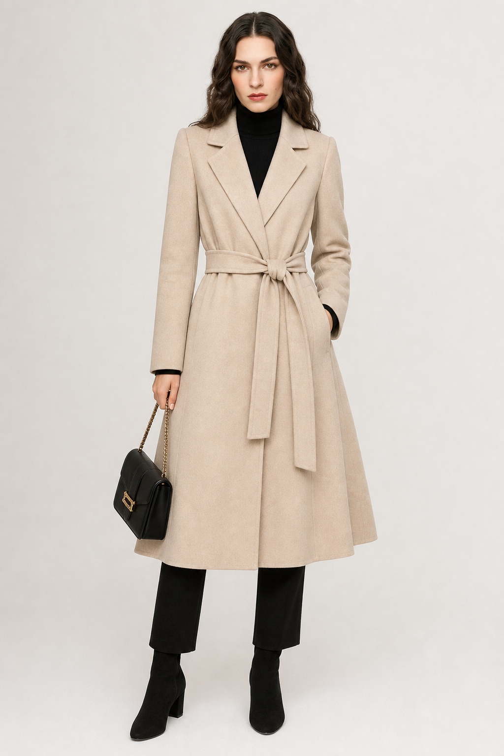 Claire Womens Belted Wool Coat in Midi Length