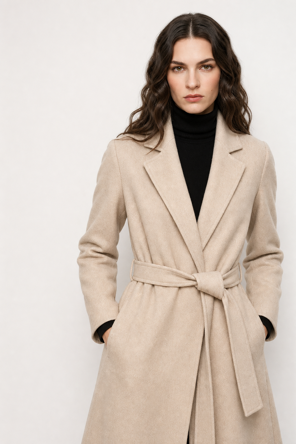 Claire Womens Belted Wool Coat in Midi Length