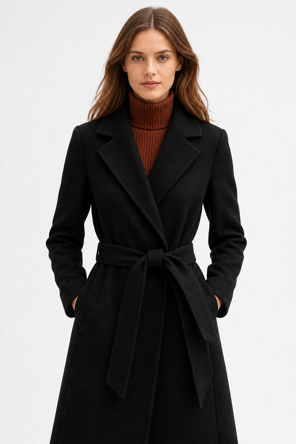 Claire Womens Belted Wool Coat in Midi Length