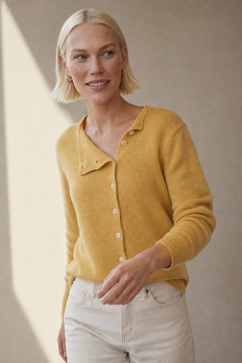 Amélise Womens Asymmetric Button Cashmere Blend Sweater in Yellow