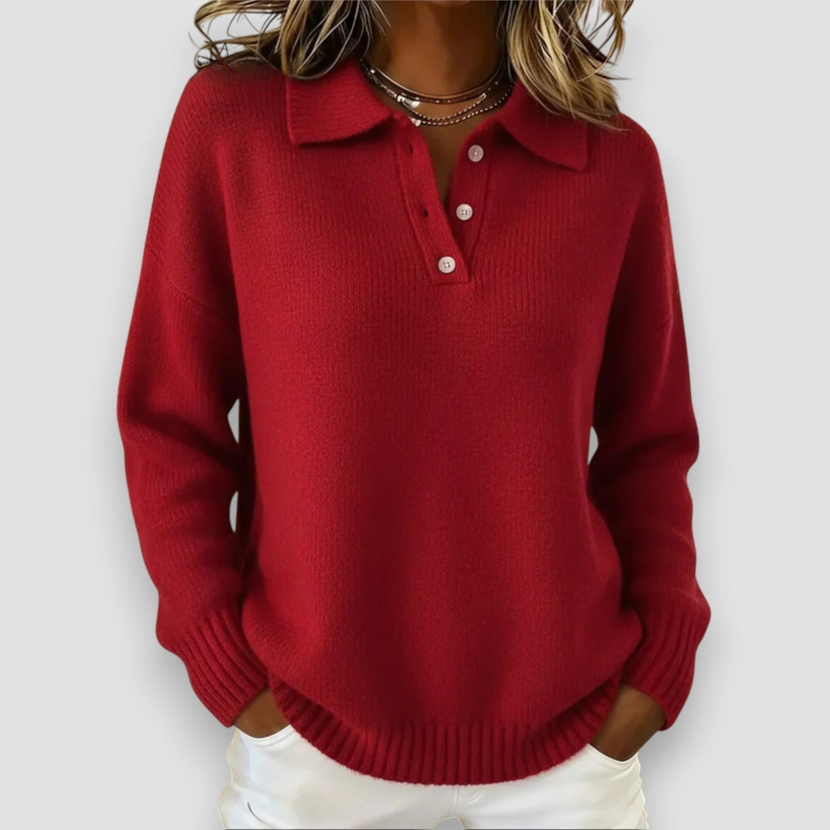 Ardenne | Women's Collared Polo Knit Sweater — Button Placket Pullover with Ribbed Cuffs | Westmere