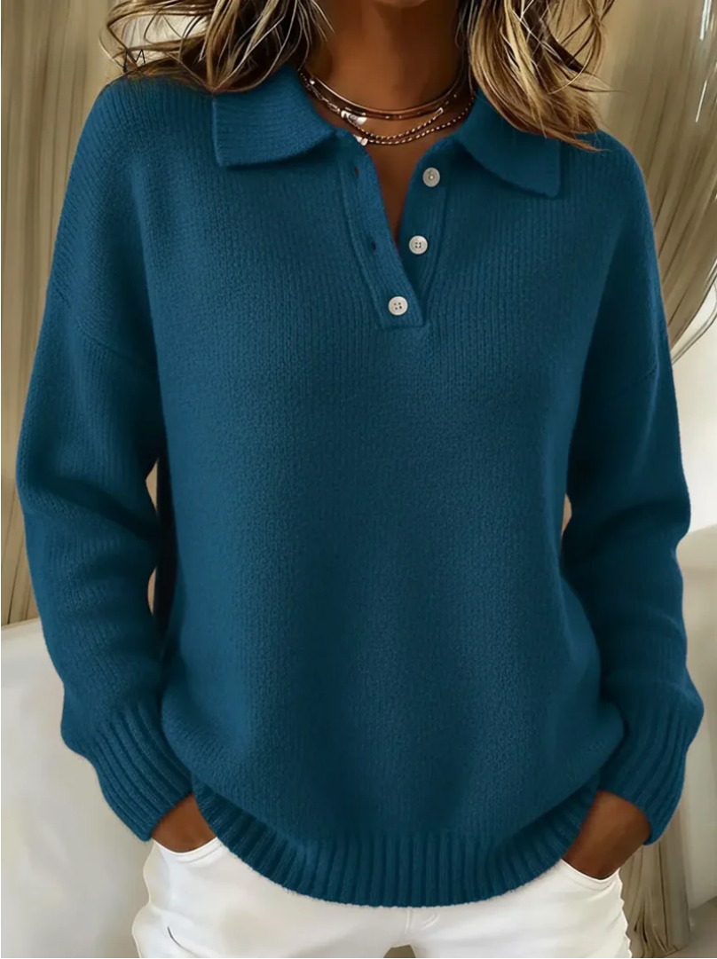 Ardenne | Women's Collared Polo Knit Sweater — Button Placket Pullover with Ribbed Cuffs | Westmere