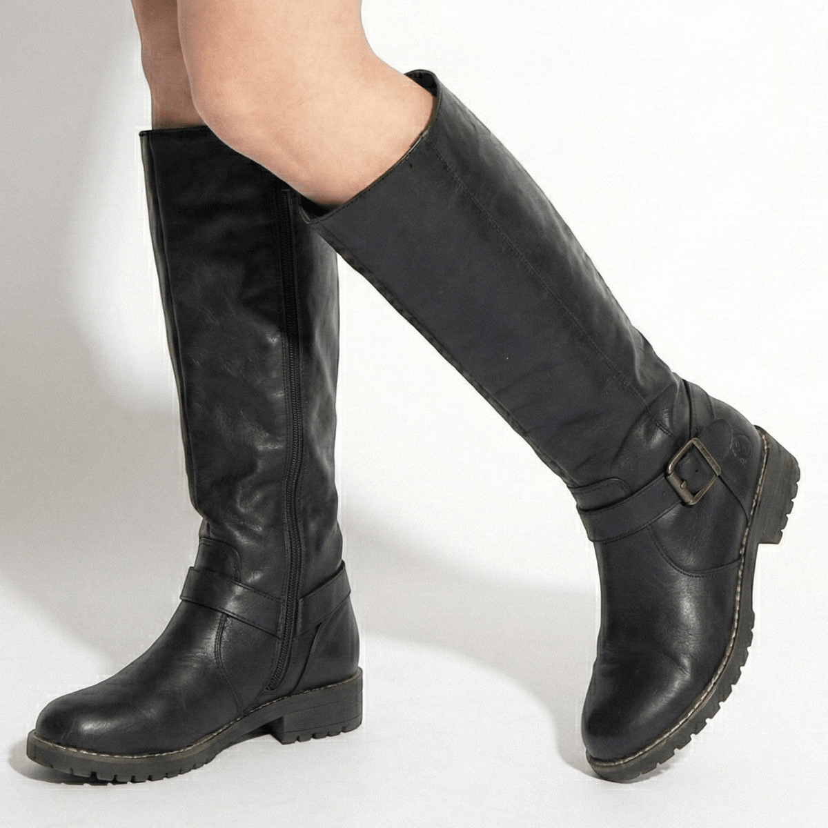 Aurela Womens Knee-High Boots with Supportive Sole in Black