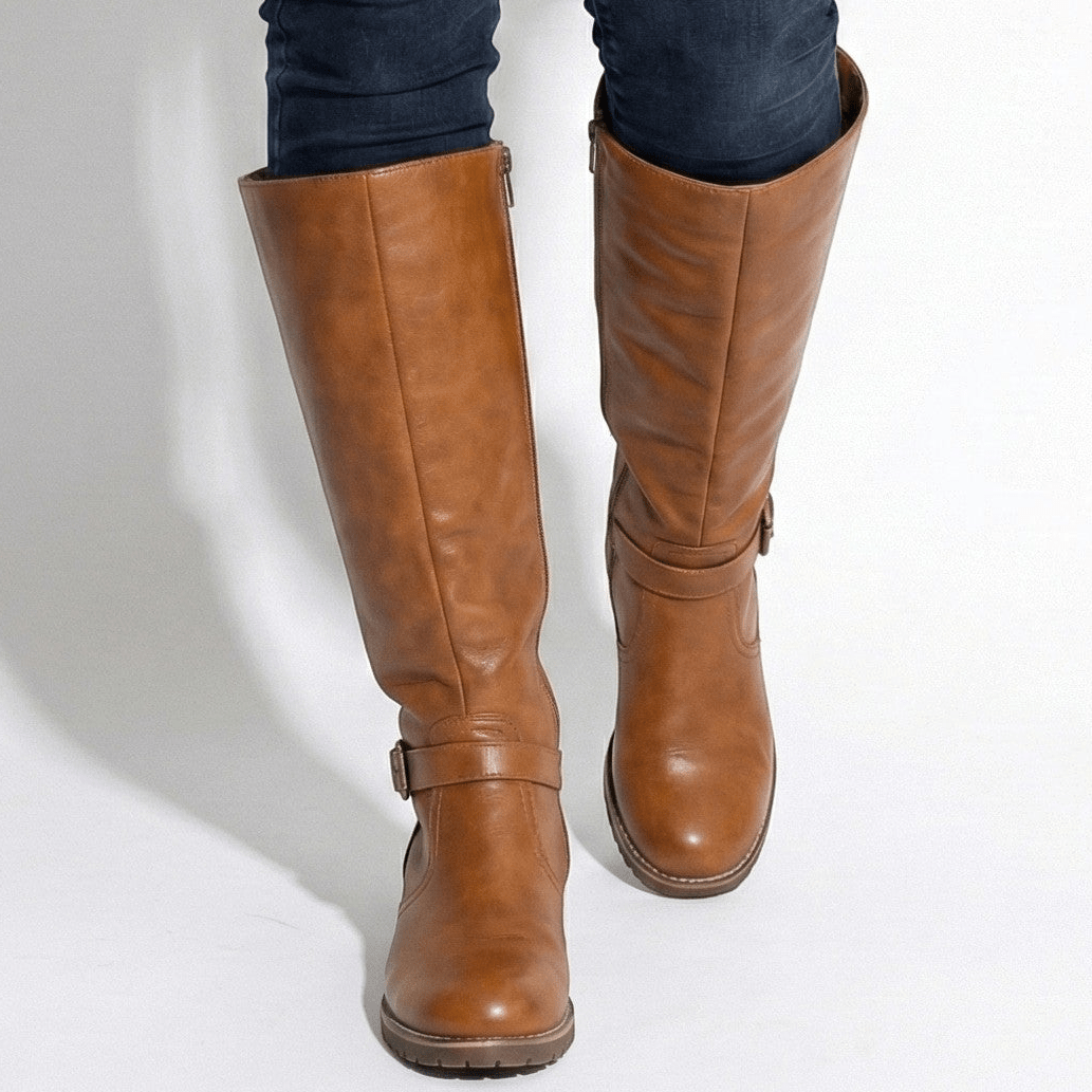 Aurela Womens Knee-High Boots with Supportive Sole in Light Brown