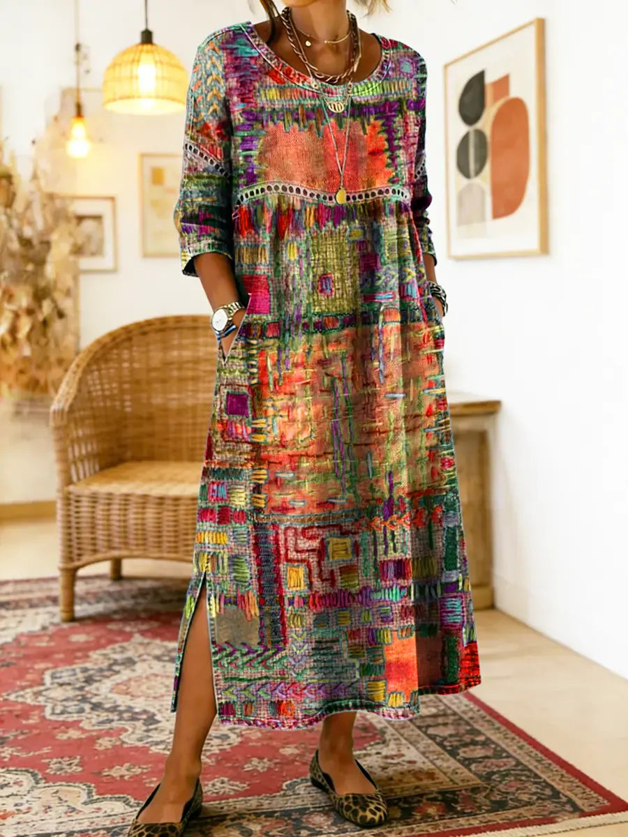 Manuela™ | Printed Dress with Ethnic Patchwork