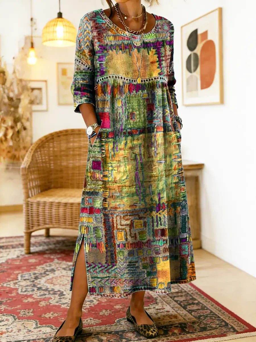 Manuela™ | Printed Dress with Ethnic Patchwork