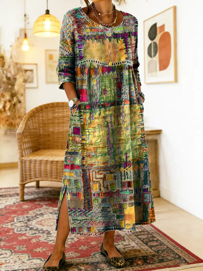 Manuela™ | Printed Dress with Ethnic Patchwork