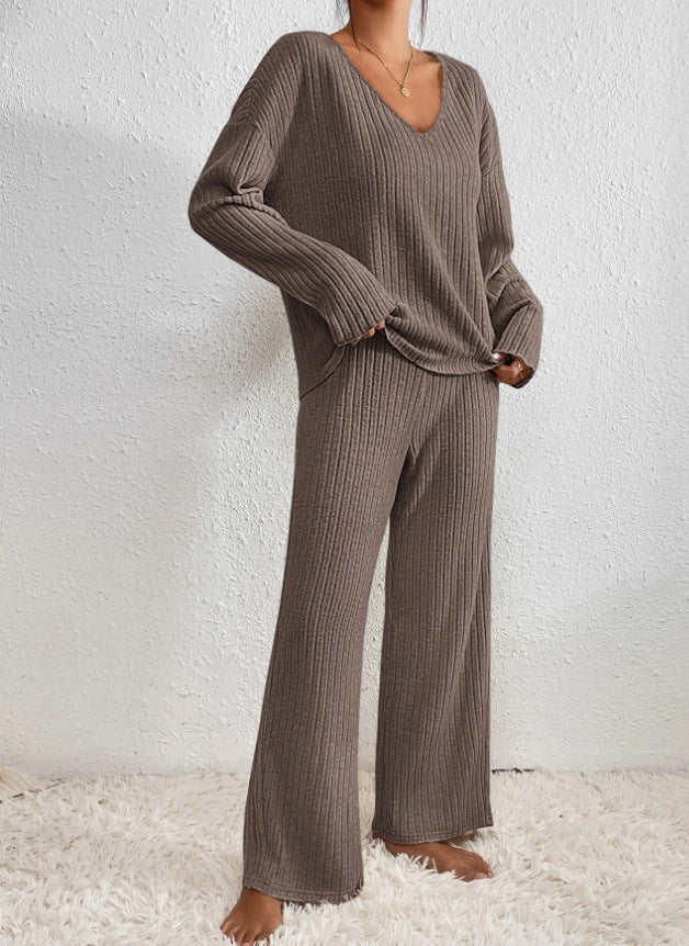 Women's Knitted Two-Piece Set, Ribbed Sweater & Trousers | V-Neck Top, Flexible Fit | 7 Colorways | S–2XL