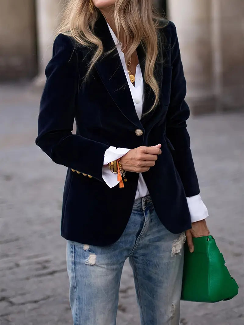 Women's Velvet Blazer, Figure-Flattering Cut | Plush Soft-Touch Fabric, Subtle Sheen | Black, Blue, Green or Red | S–2XL