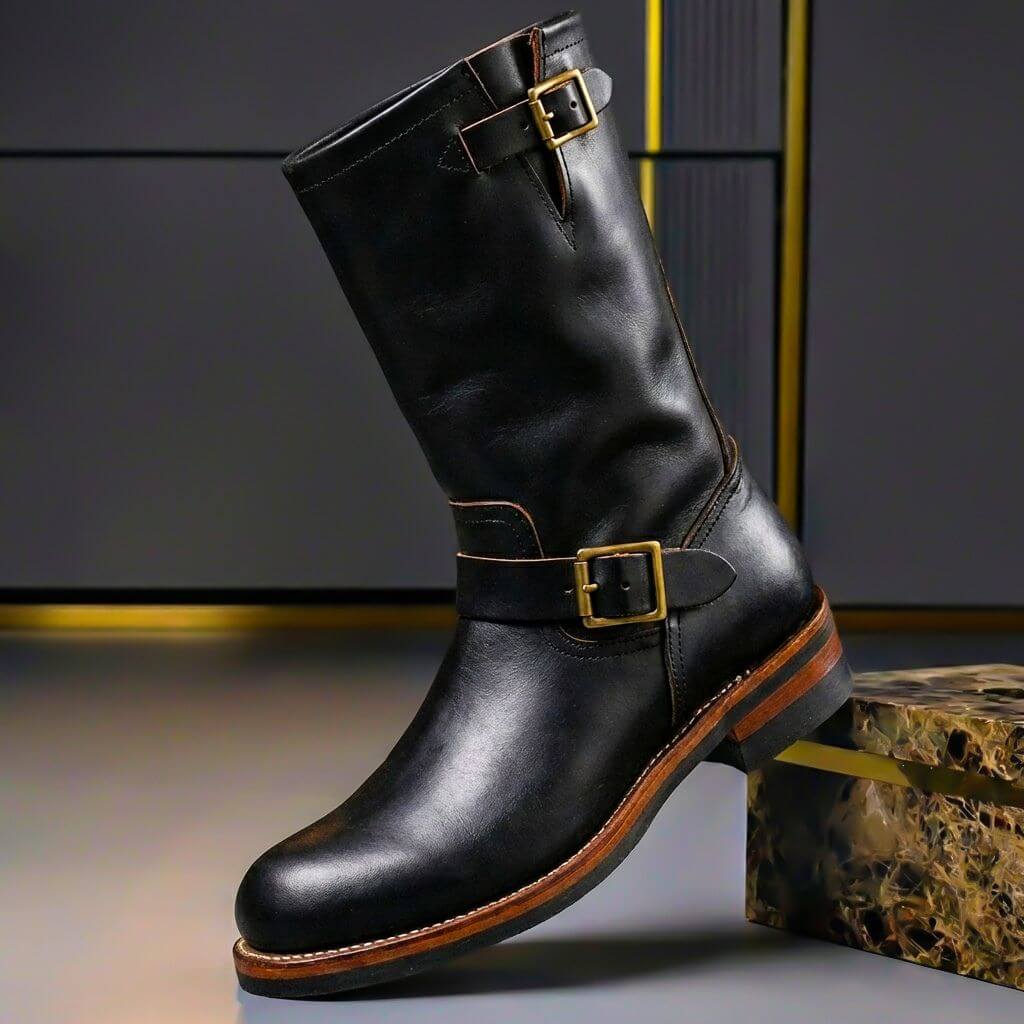 Sullivan Mens Aged Leather Retro Boots with Buckles in Obsidian Black