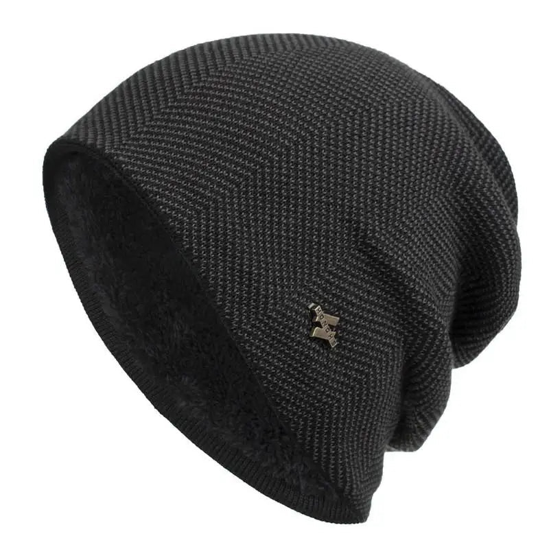 Alex Unisex Herringbone Knit Beanie with Faux Fur Lining in Black