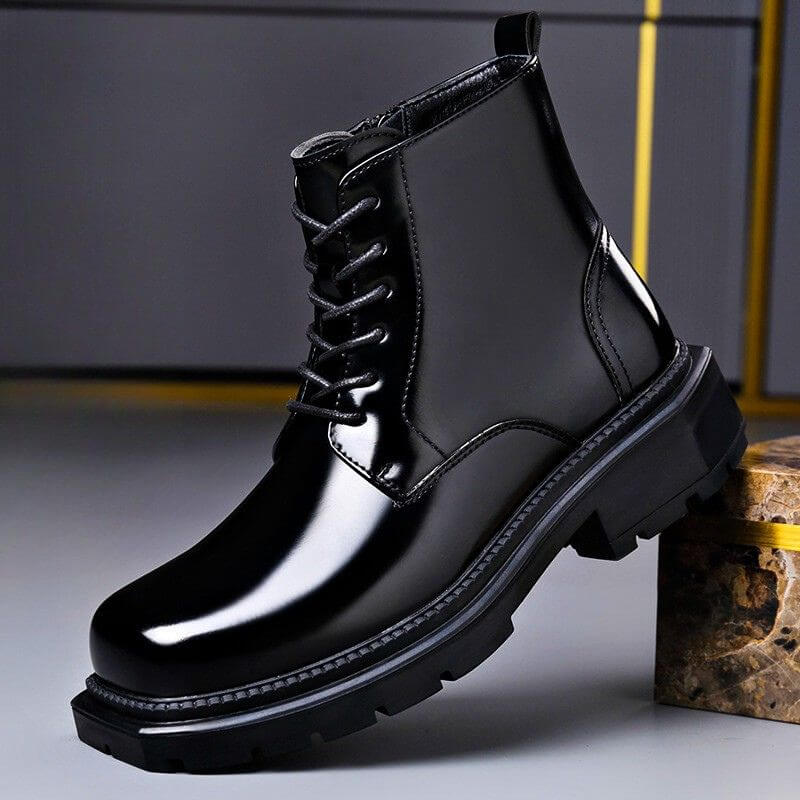 Callister Mens Glossy Leather Boots, Vintage Style in Onyx Black