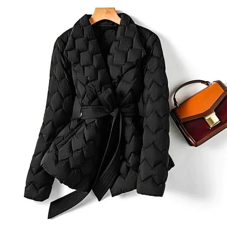 Isabella Womens Quilted Down Coat with Belt in Midnight Black