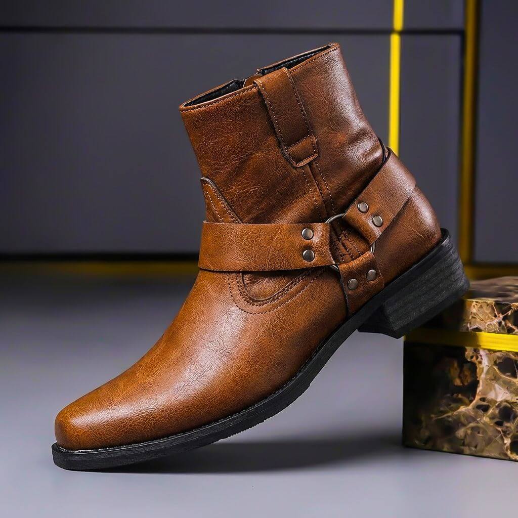 Philip Mens Genuine Leather Boots with Metal Hardware in Cognac Brown