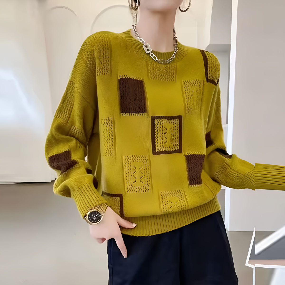 Women's Squares-Pattern Sweater, Chic Design | Subtle Geometric Detail, Relaxed Drape | White, Black or Yellow | One Size