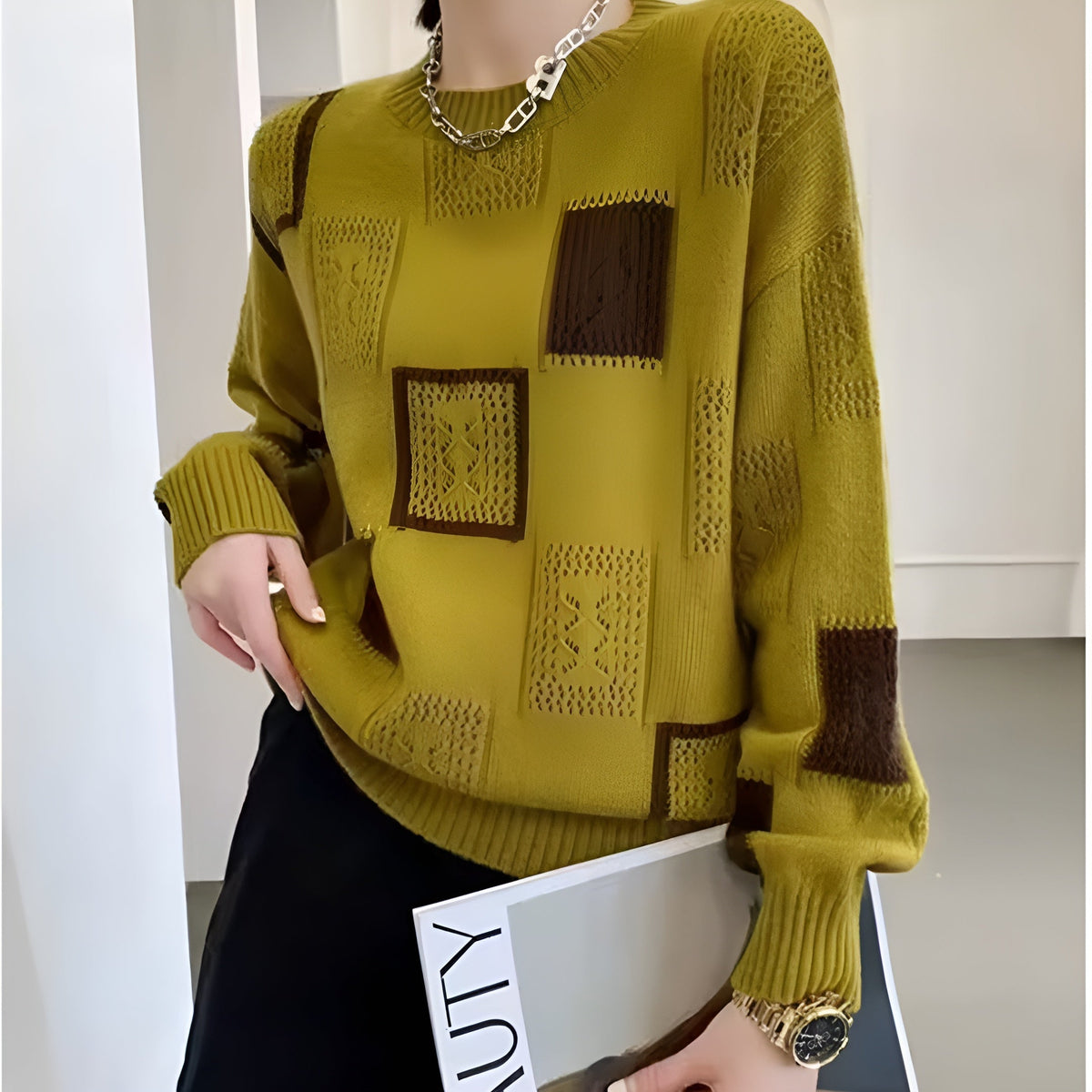 Women's Squares-Pattern Sweater, Chic Design | Subtle Geometric Detail, Relaxed Drape | White, Black or Yellow | One Size