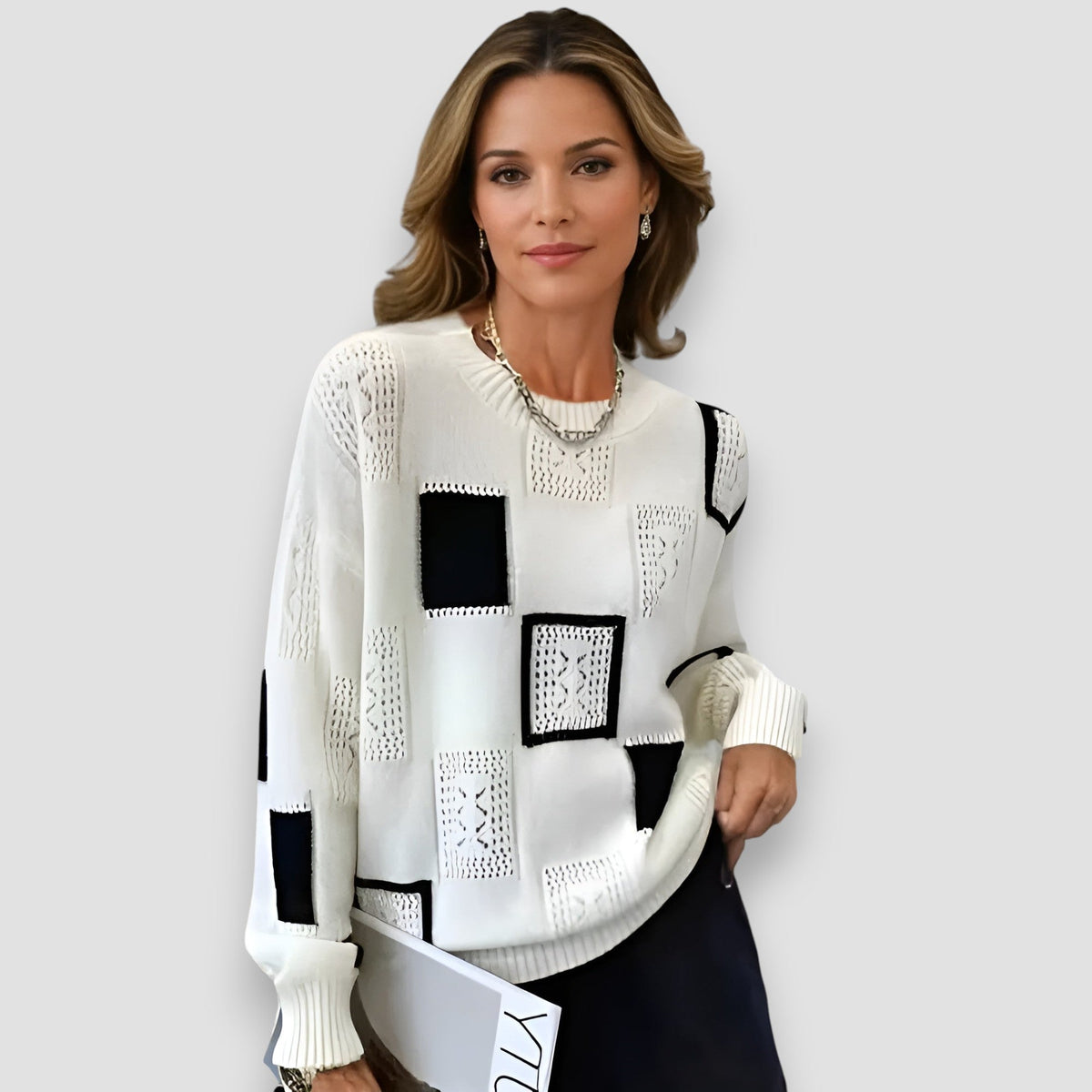 Women's Squares-Pattern Sweater, Chic Design | Subtle Geometric Detail, Relaxed Drape | White, Black or Yellow | One Size