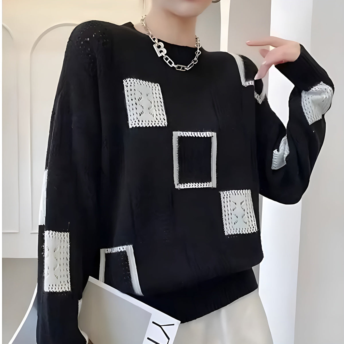 Women's Squares-Pattern Sweater, Chic Design | Subtle Geometric Detail, Relaxed Drape | White, Black or Yellow | One Size